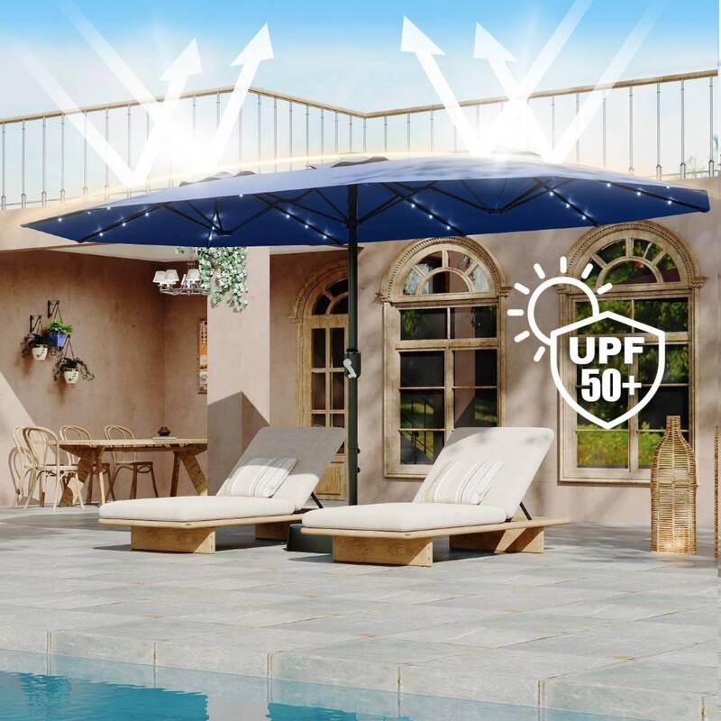 15FT Double-Sided Patio Umbrella with with LED and Base Included for Pool Lawn Garden