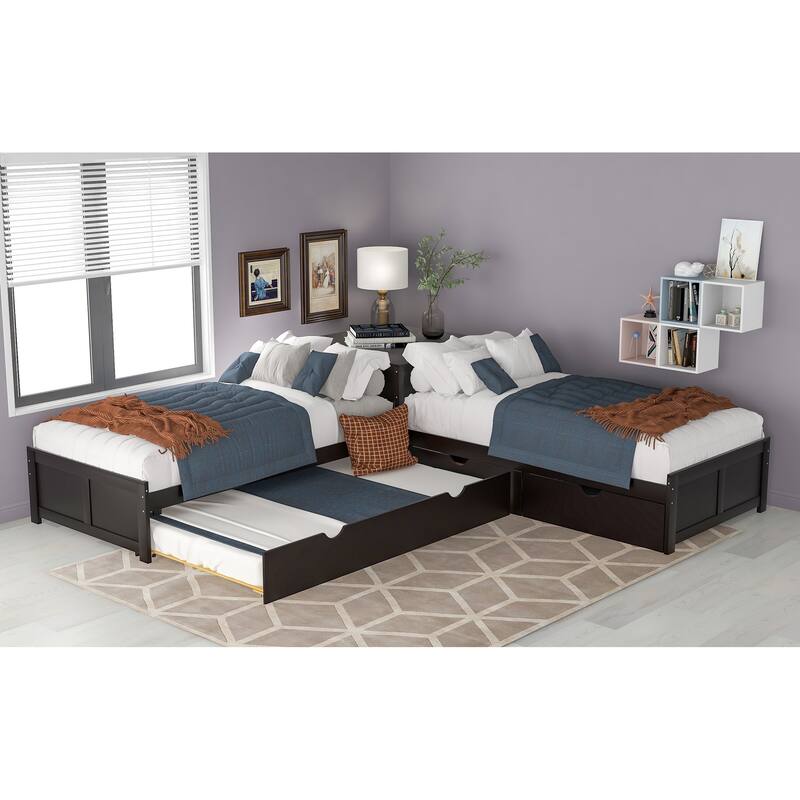 L-Shaped Twin Platform Beds with Trundle & Table, Versatile 3 Wood Corner Bedframe in 1