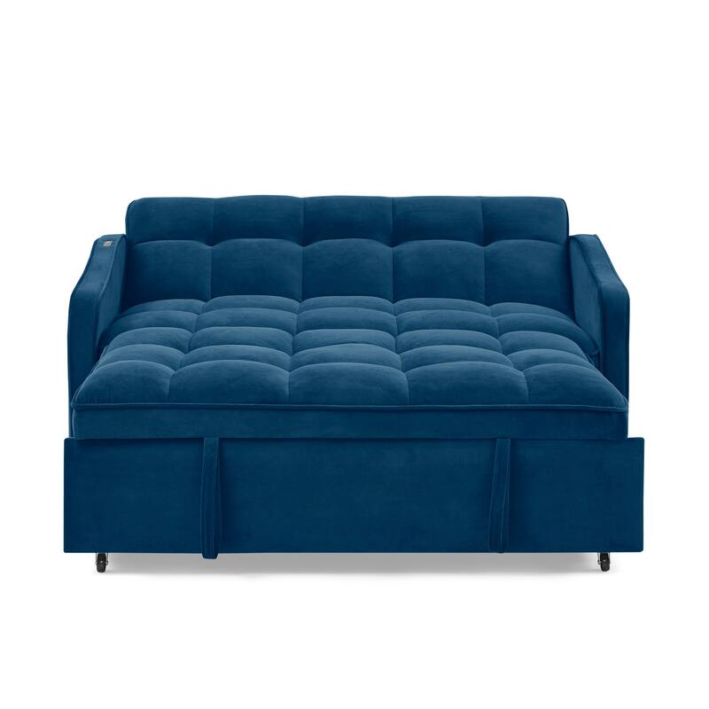 Roomfitters Velvet Loveseat Sofa Bed with Pull-Out Bed, Adjustable Back, USB & Type-C Charging, Arm Pockets