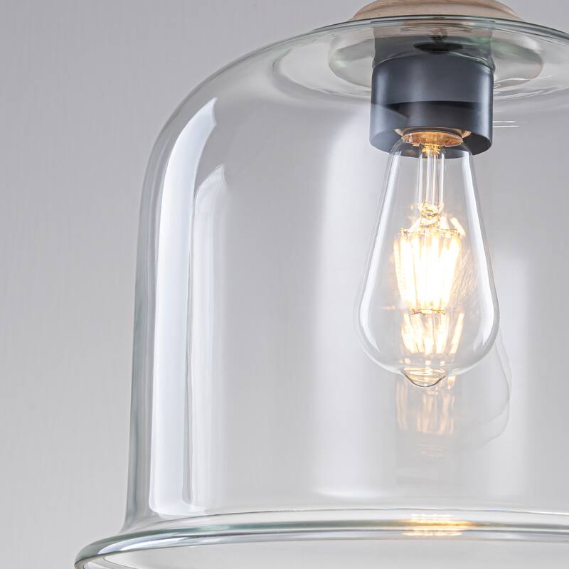 Starsky 1-Light Clear Glass Bell Jar / Cloche Pendant With Wood-Look Metal Accent - Cloche