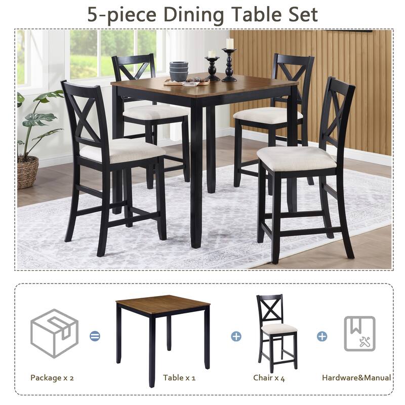 5-Piece Counter Height Dining Table Set with 4 Chairs, Classic Wooden Dining Table Set for 4