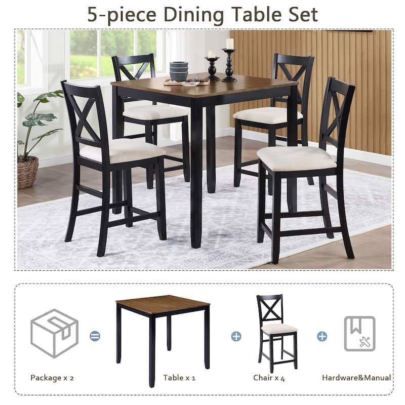 Counter Height Dining Table Set for 4-Person, 5-Piece Wooden Dining Table Set, Including Square Dining Table & 4 Chairs