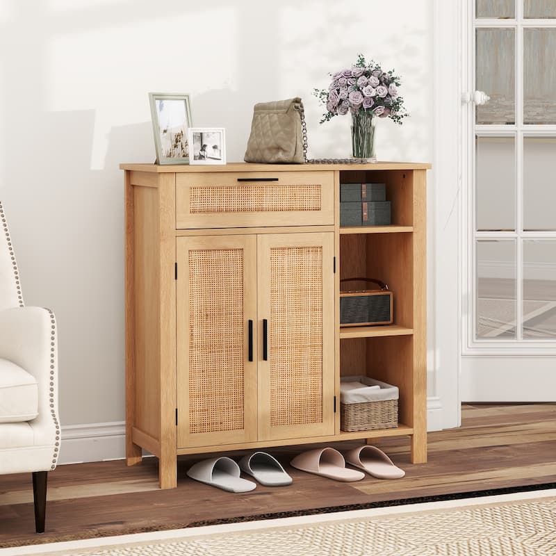 Natural Rattan Buffet Sideboard with Drawer and Cabinet Modern Storage Console Table for Living Room or Dining Room