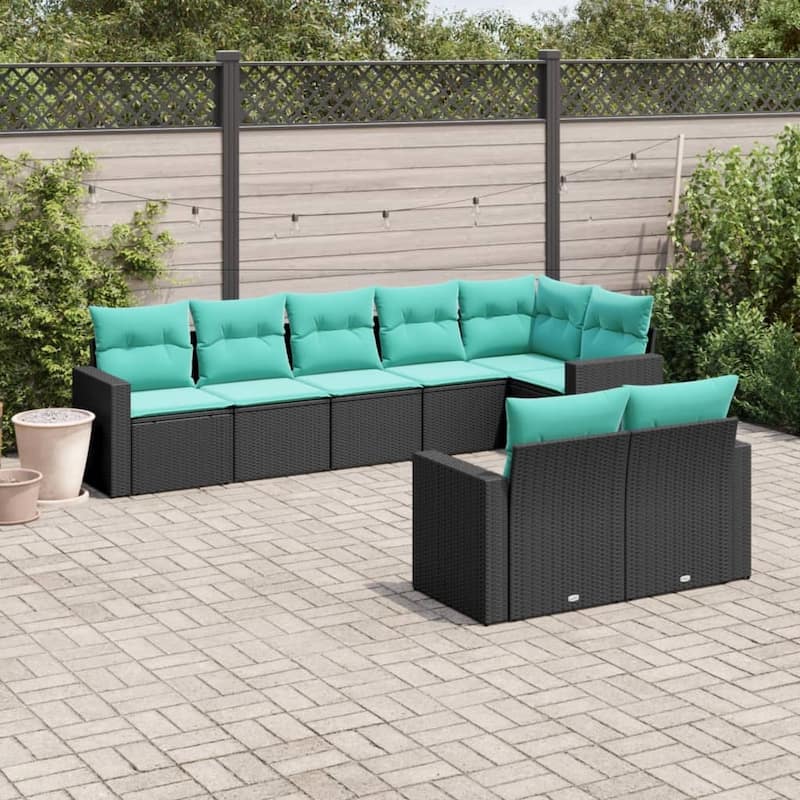vidaXL Patio Sofa Set with Cushions Outdoor Conversation Furniture Poly Rattan - Black and blue without table