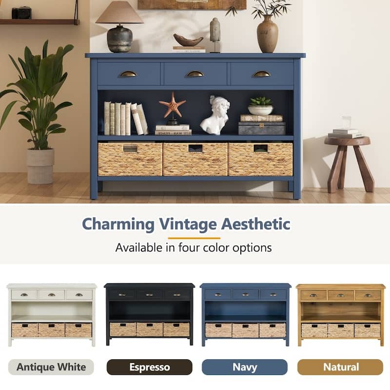Retro Wooden Console Table with 3 Storage Drawers and Woven Baskets for Entryway