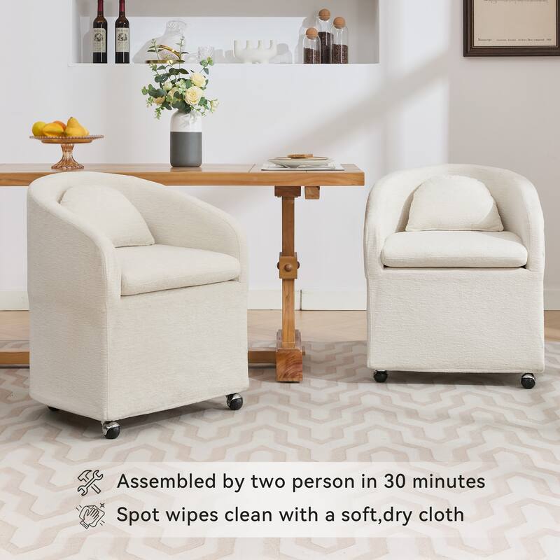 Single Chenille Fabric Dining Chair with 360° Revolving Wheels and Back Cushion
