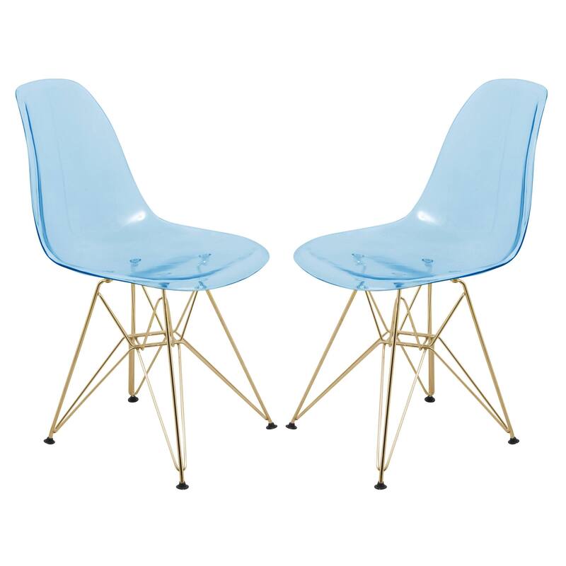 Cresco Plastic Dining Side Chair with Eiffel Base in Gold Set of 2 by LeisureMod - Transparent Blue