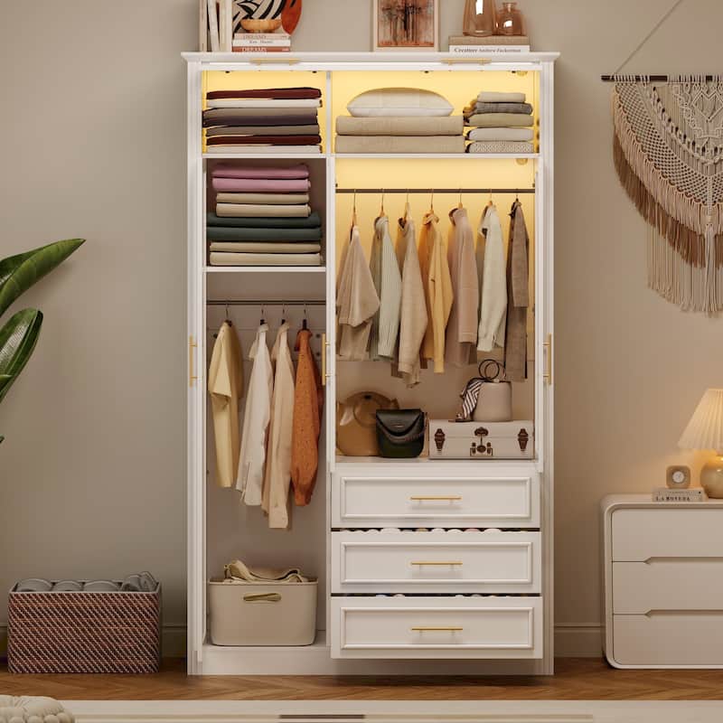 3 Door Wardrobe Built-in LED Light Clothes Storage Cabinet / 3 Drawers White Armoire Closet