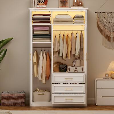 4 Door Wardrobe Armoire Closet with LED and 3 Drawers, White