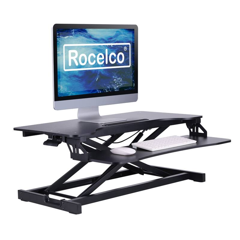 Rocelco 31.5 in. W Black Standing Desk Converter Dual Monitor Riser with Tablet Mount, Height Adjustable and Deep Keyboard Tray