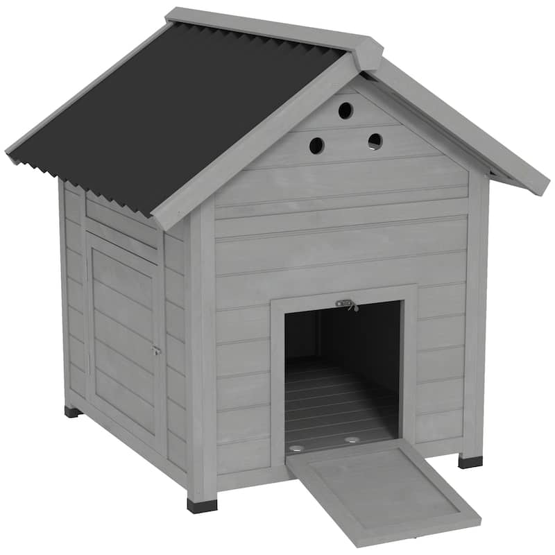 PawHut Duck Coop, Wooden Duck House, Outdoor Small Animal House with Openable Roof, Double Doors, Removable Base - Grey - Chicken