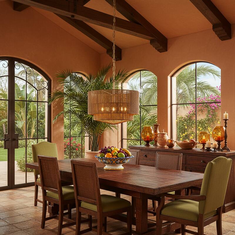 Armida 3-Light Rattan Rope Tiered Drum Pendant, Coastal Boho - Handwoven