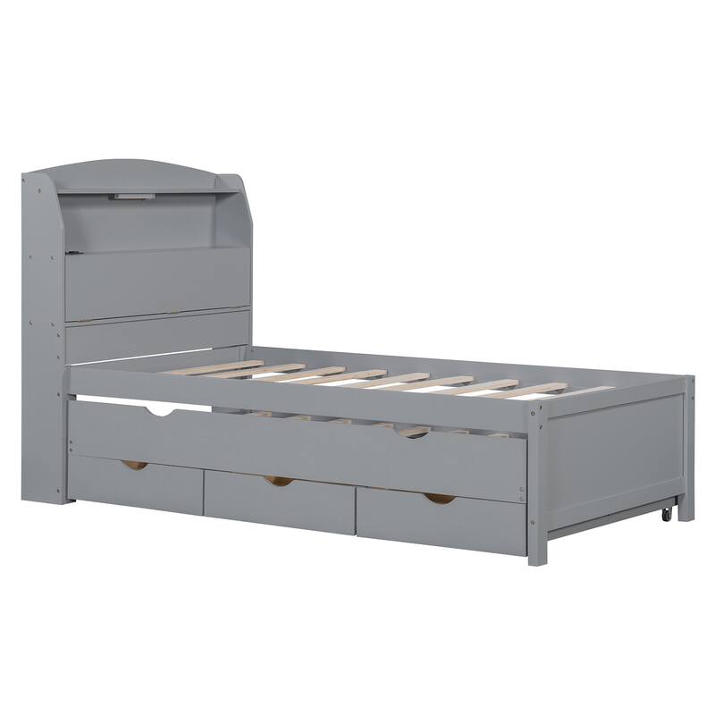 Modern Twin Size Platform Bed Frame with Trundle, 2 Drawers, Wooden Bed with LED Storage Headboard for Bedroom