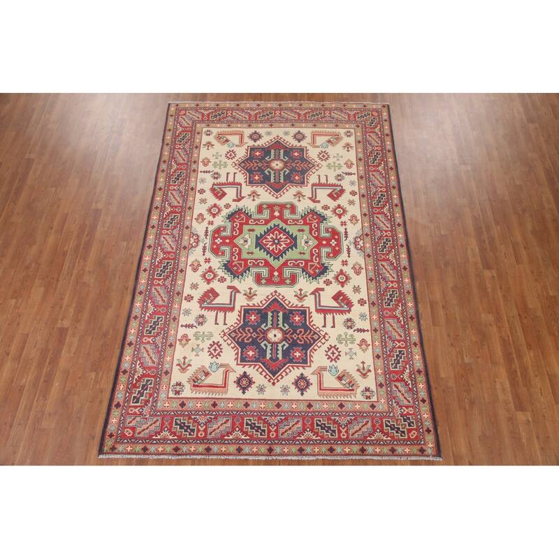 Hand Knotted Oriental 100% Wool Carpet Traditional Geometric Beige & Ivories Kazak Area Rug - 9' 10'' X 6' 5''