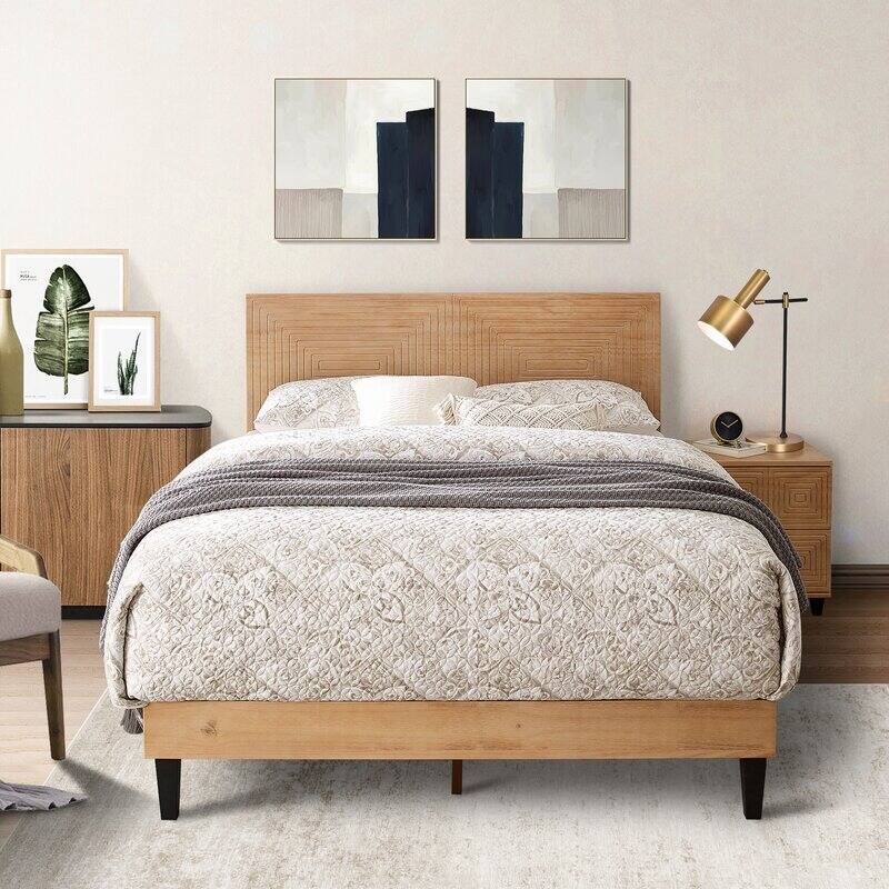 BIKAHOM Mid-Century Modern Solid Wooden Platform Bed with Adjustable Height Headboard for Bedroom - King