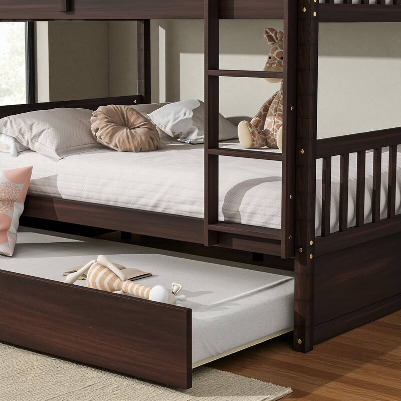 Full Over Full Rubber Wood Bunk Bed with Trundle, Convertible into Two Full Beds, Ladder and Guardrails Included