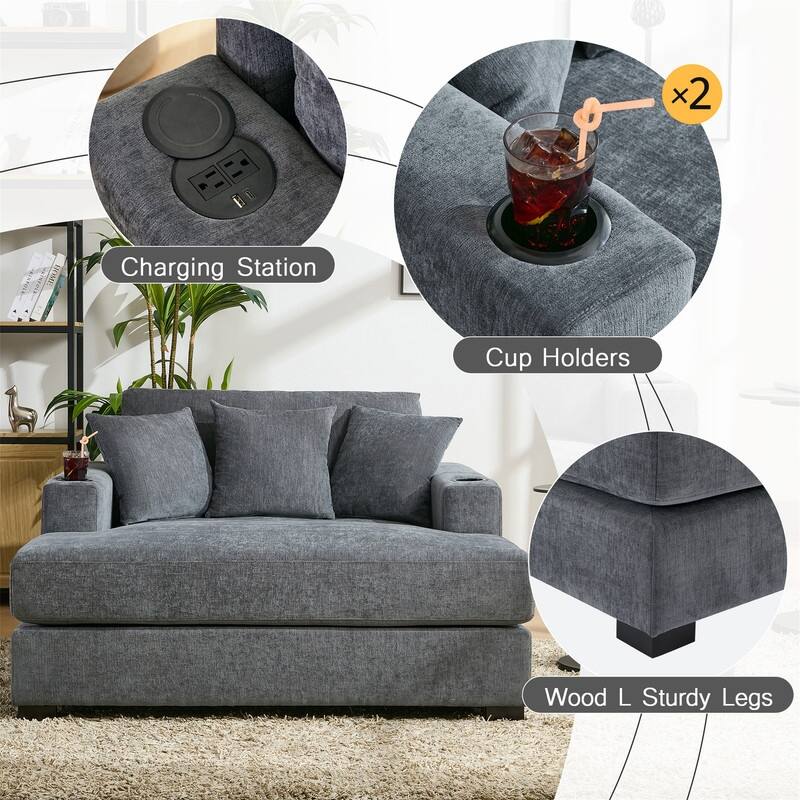 Chenille Fabric Oversized Chaise Lounger, 39.7''/43.5''/55'' Chair Bed Sofa Couch with Pillows, Charge Station & Cup Holders