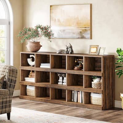 63 Inches Brown Wood Console Table with 15 Cubes for Living Room