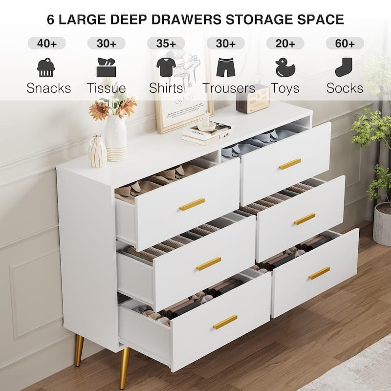 6 Drawer Dresser with Storage Space, Modern Wooden Dresser with Gold Handles