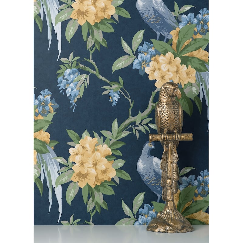 Brewster Golden Pheasant Dark Blue Floral Wallpaper