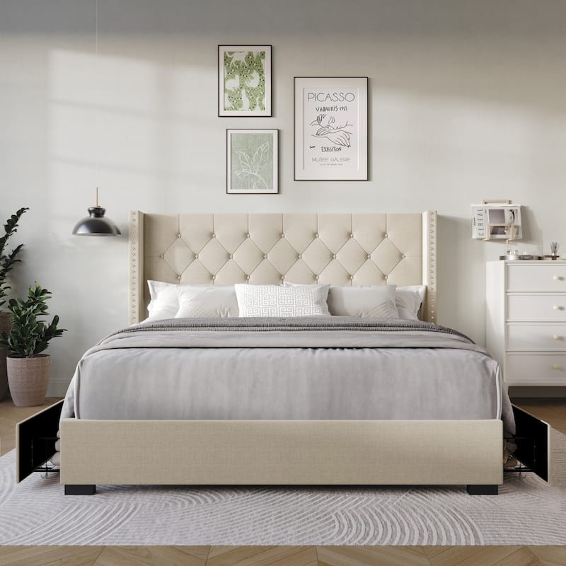 Greeley Tufted Upholstered Storage Platform Bed - Beige - Full