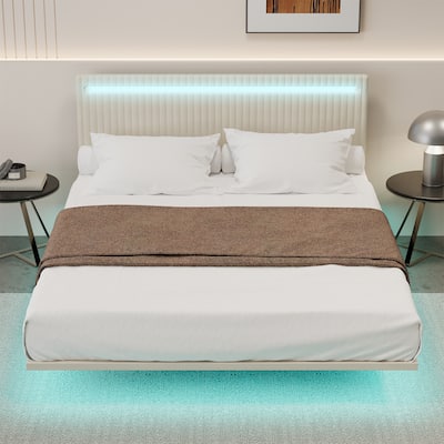 Full Size Upholstered Floating Bed Frame with LED Lights