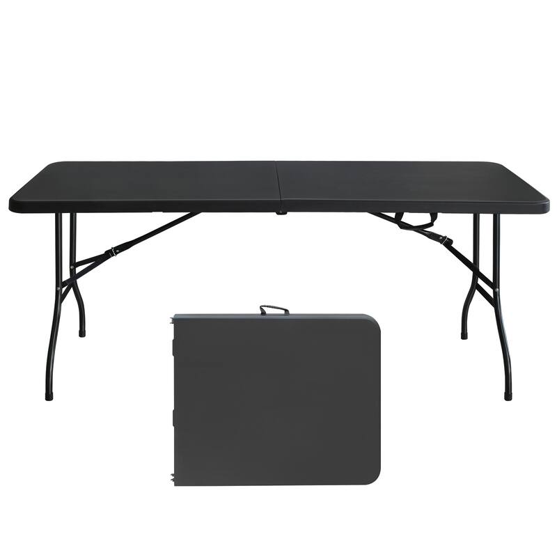 Black Plastic Folding Table, Rectangular Patio Table with Steel Tube Legs and Carry Handle - 71x29