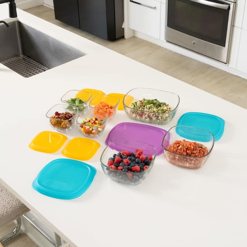 Libbey Serve It 14-Piece Glass Storage Container Set with 2-Cup, 6-Cup, and 8-Cup Bowls and Multi-Color Lids - Set of 14
