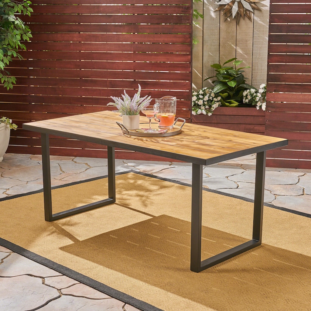 Roomfitters Kyston 70 Inch Rectangular Outdoor Dining Table, Acacia Wood Top with Iron Legs, Teak - L 70.3" x W 34.0" x H 30.0"