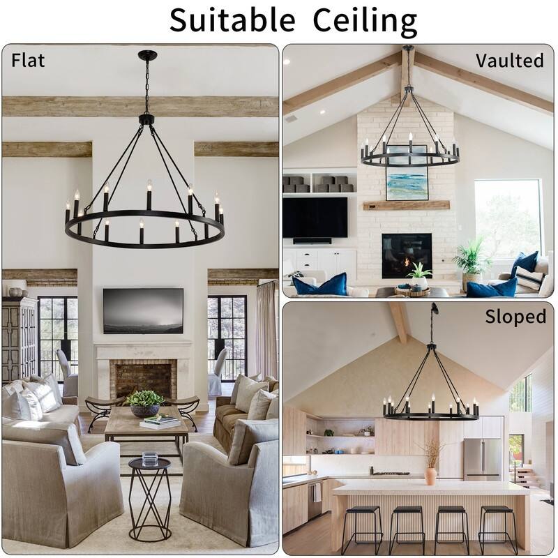 31In 12-Light Black Wagon Wheel Chandelier Farmhouse for Living Room - 31 inch