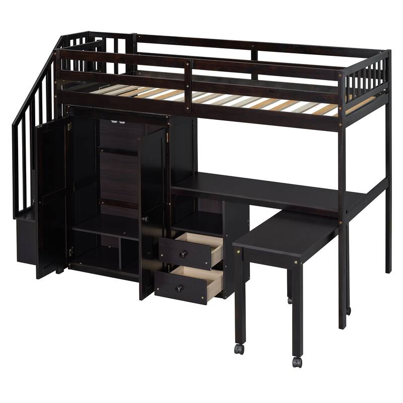Space-Saving Twin Loft Bed with Stairs, Bookshelf, Drawers, Desk & Wardrobe for Kids & Teens