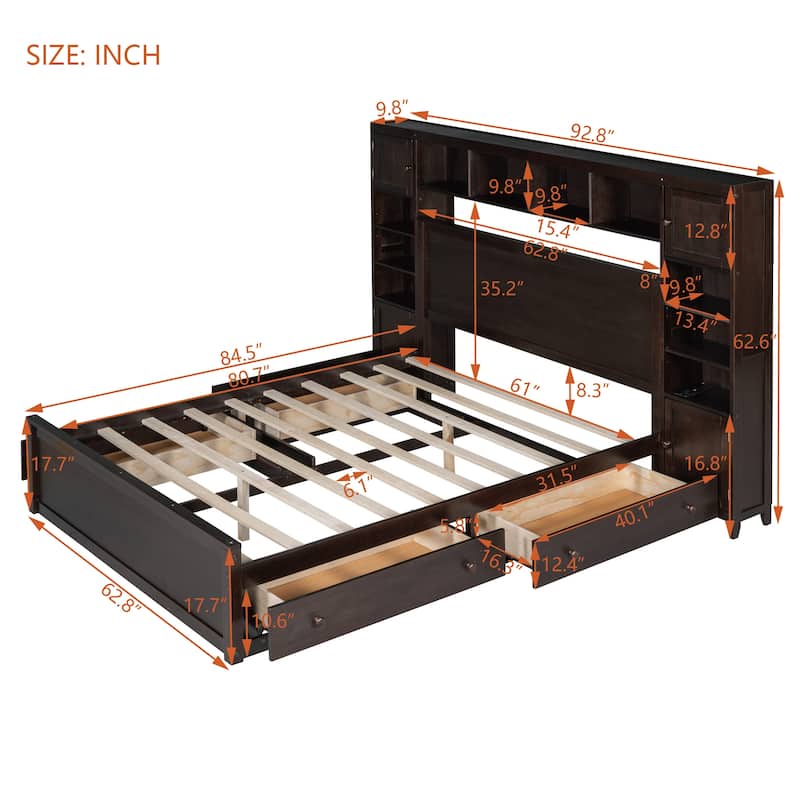 Queen Size Wooden Platform Bed with Storage Drawers, Shelves and Built-In Outlets, All-in-One Headboard Bed