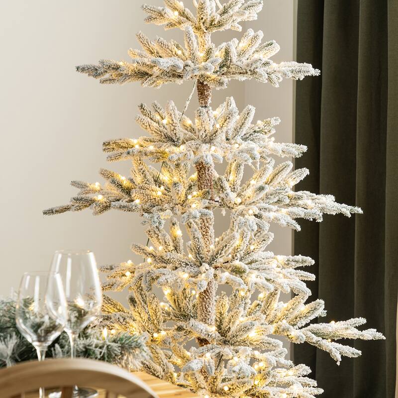 Glitzhome 6/7/9 FT Pre-Lit Flocked Slim Snowscape Fir Artificial Christmas Trees 2 or 3-Piece Set