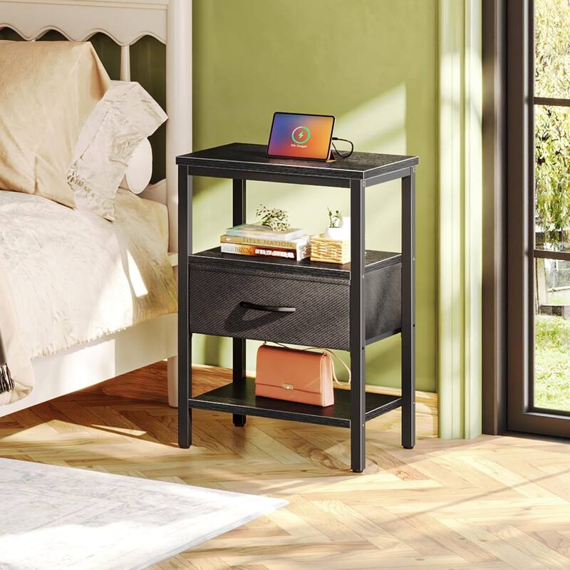 Nightstand Set of 2 Or 1 with Charging Station and USB Ports, Storage End Table with Fabric Drawer, Night Stand for Small Spaces