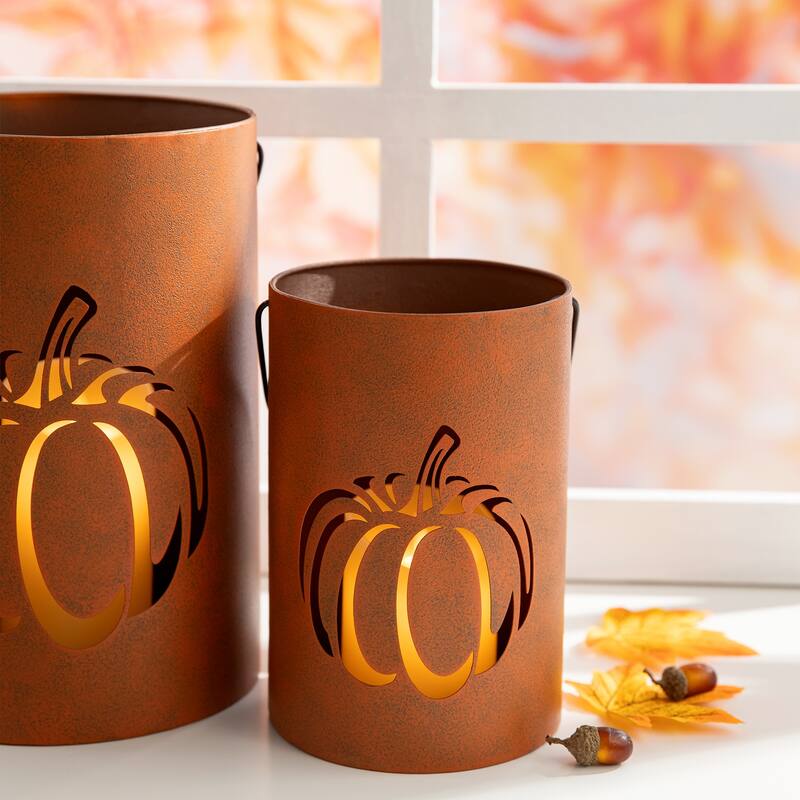 Glitzhome Set of 2 Hollow Out Metal Bucket Lanterns Candle Holder for Fall Halloween Thanksgiving
