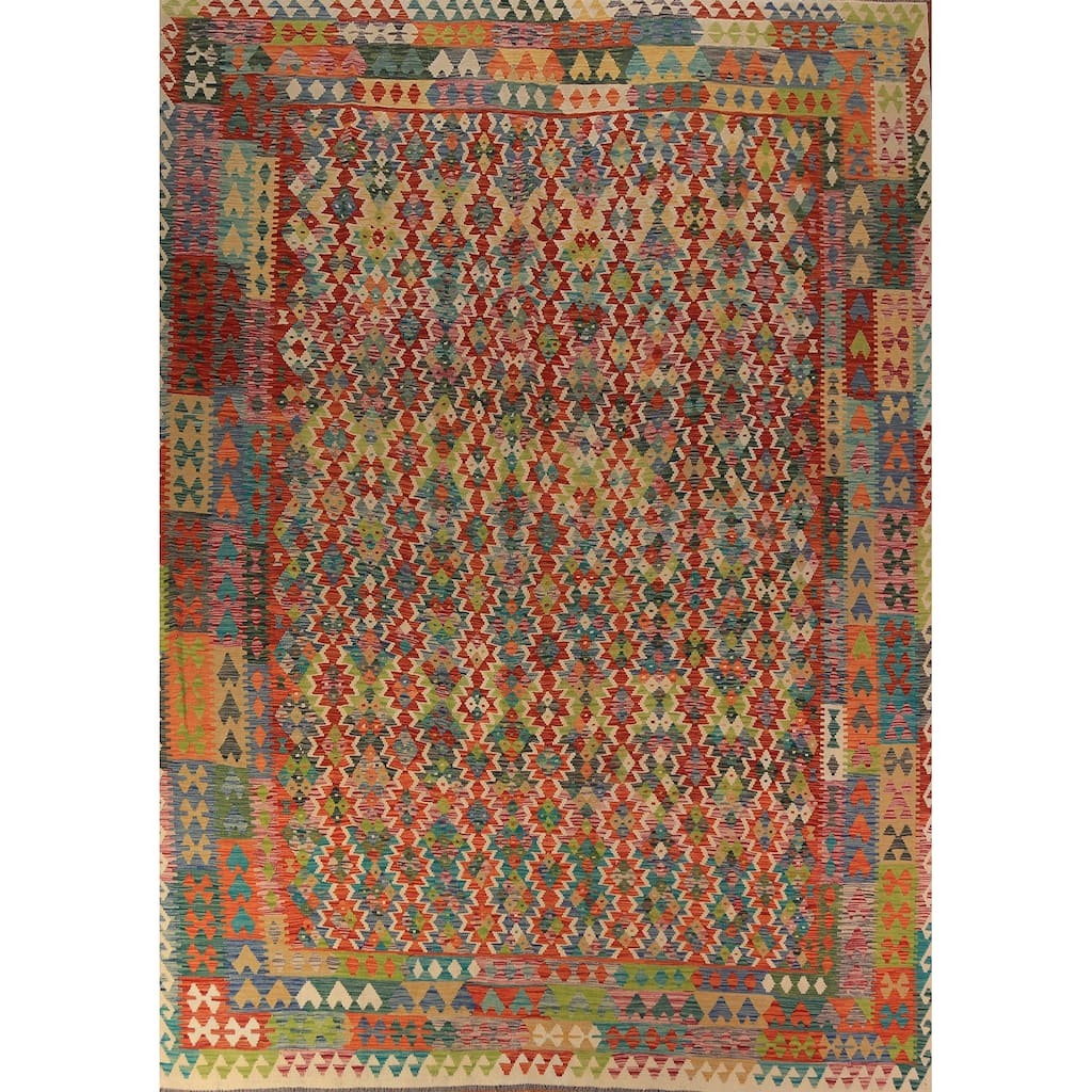 Reversible Kilim Oriental Area Rug Hand-Woven Geometric Wool Carpet - 10'0"x 12'10"
