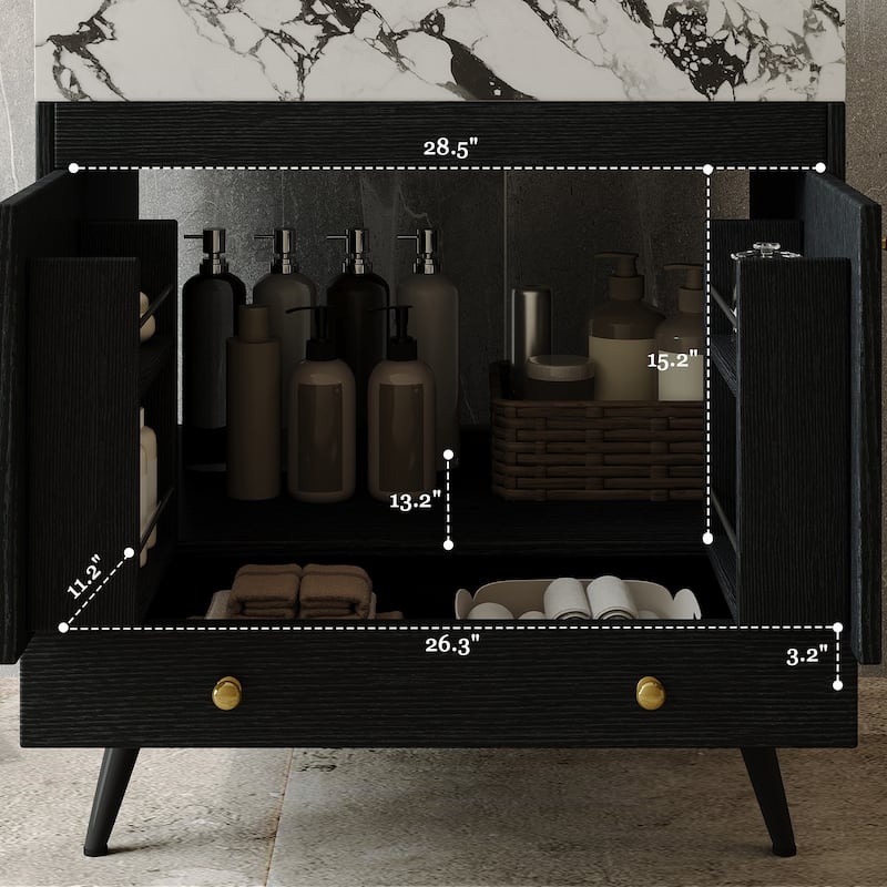 Mid-Century 30" Freestanding Bathroom Vanity with Faux Marble Top, Ceramic Sink & Gold Legs Cabinet