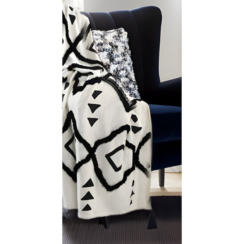 60" X 50" Black and White Woven Cotton Geometric Throw Blanket with Tassels - Throw