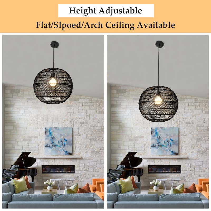 1-Light Globe Chandelier with Rattan Shade, No Bulbs Included
