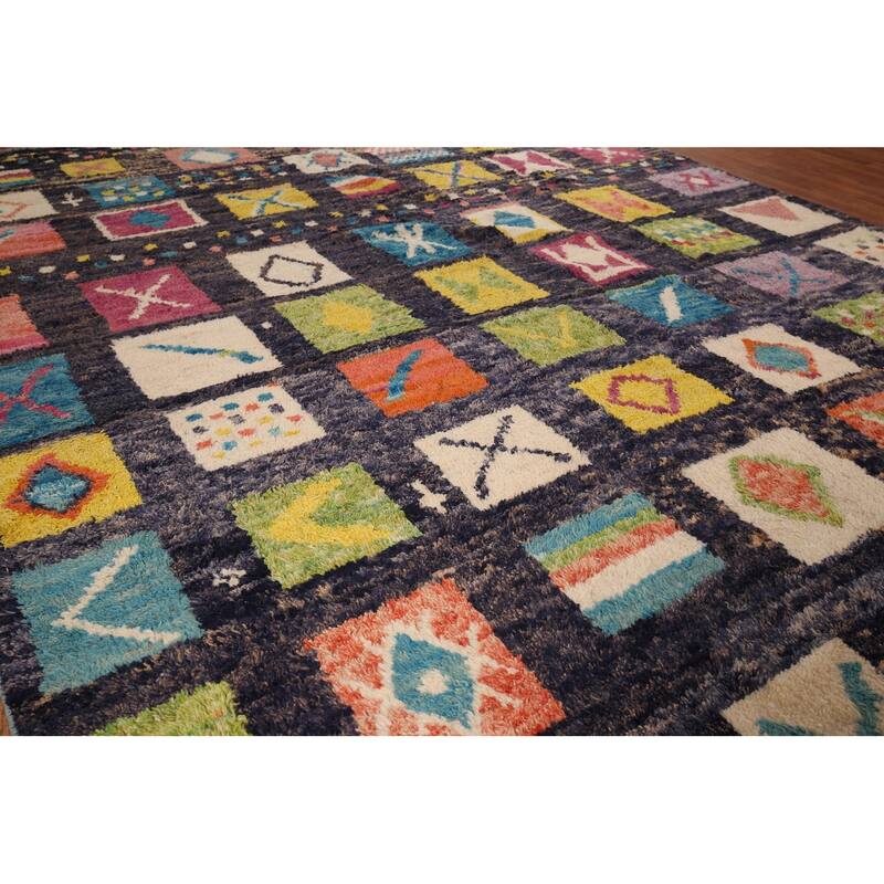 All-Over Black Plush Large Moroccan Area Rug Handmade Wool Carpet - 9'9" x 15'1"