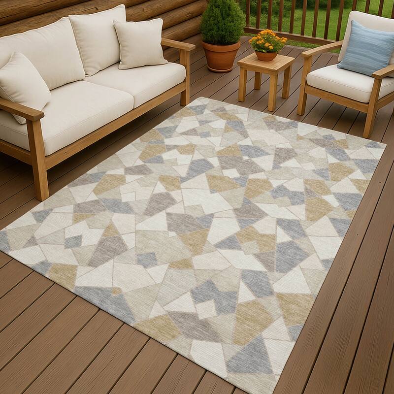 Machine Washable Indoor/ Outdoor Modern Mosaic Chantille Rug