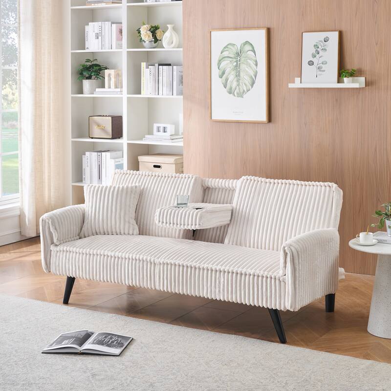 Corduroy Loveseat Sofa with Cup Holder and 1 Pillow, Sleeper Sofa Bed with Adjustable Backrest for Living Room