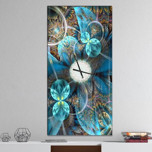 slide 2 of 15, Designart 'Fractal Blue Flowers' Oversized Modern Wall CLock