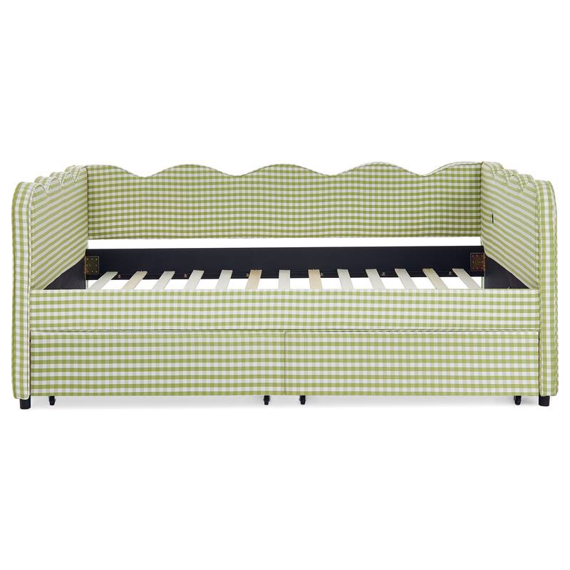 Full Size Upholstery Daybed with 2 Storage Drawers and USB Port, Linen Fabric Sofa Bed with Plaid Pattern and Wavy Silhouette