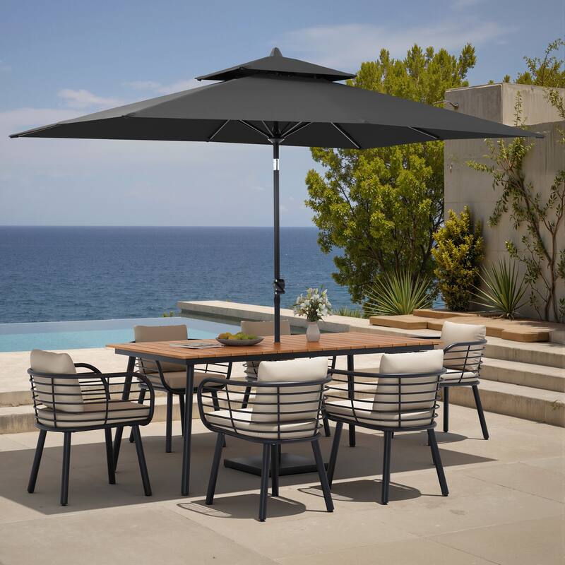 9PC Outdoor Patio Dining Set Aluminum Table with Sunbrella Cushion Chairs w/ Market Umbrella Sets