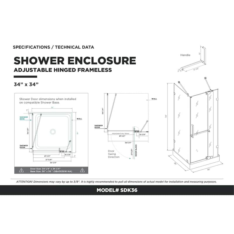 Fine Fixtures Frameless Glass Shower Enclosure - Tempered Glass