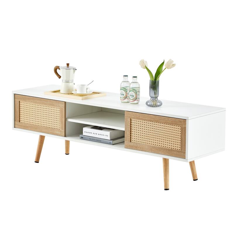 55.12" TV Stand with Double Sliding Doors, Solid Wood Legs and Adjustable Shelf for Living Room