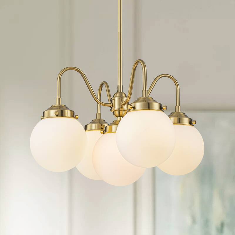 5-Light Mid-Century Modern Brass-Tone & Frosted Glass Chandelier for Living Room - 5 Light