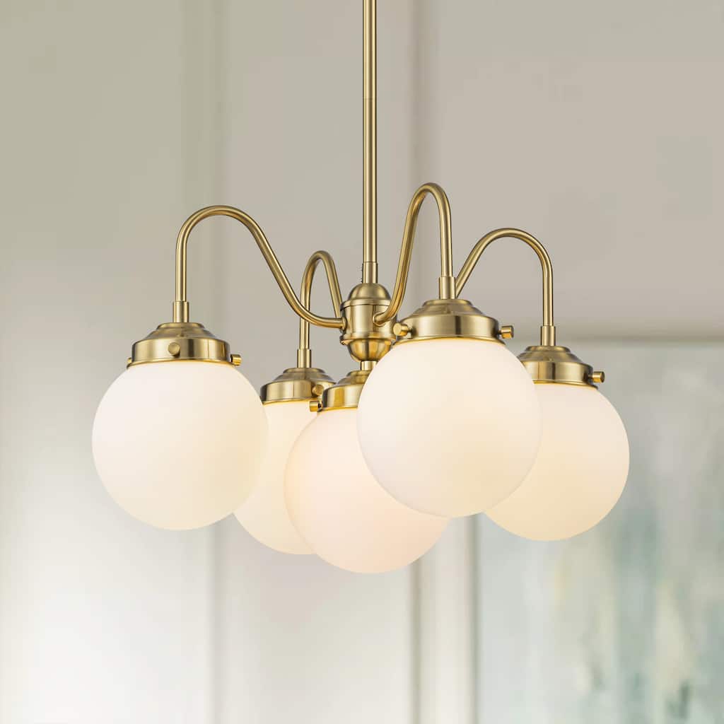5-Light Mid-Century Modern Brass-Tone & Frosted Glass Chandelier for Living Room - 5 Light