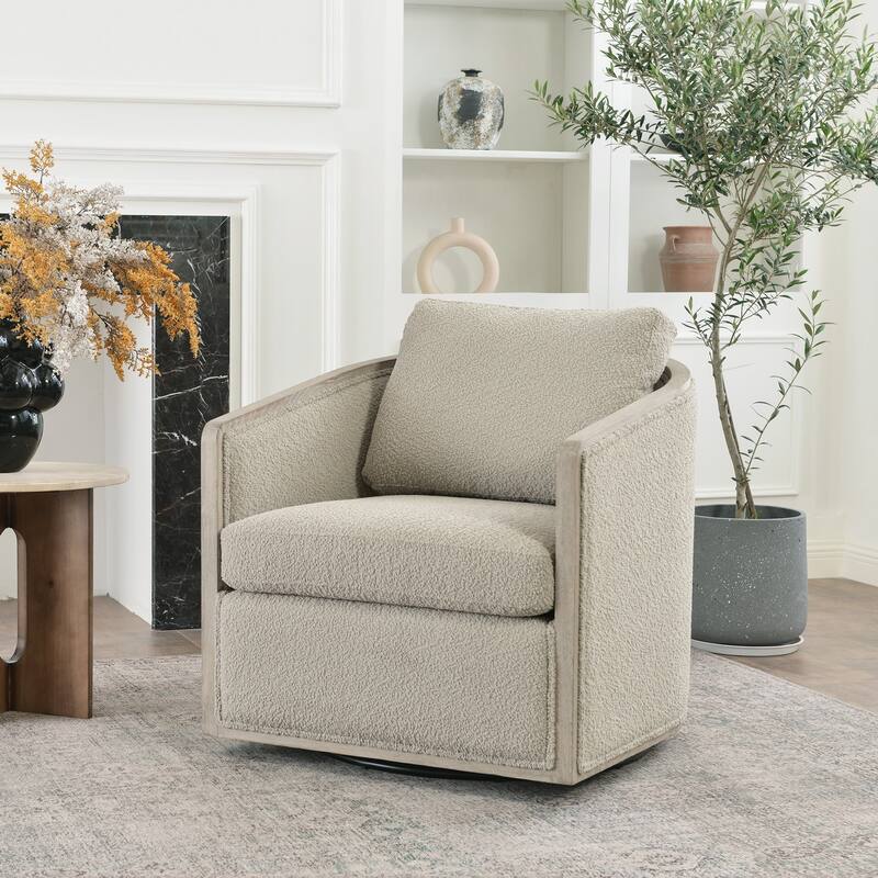 KINWELL 31"W Oak Frame Upholstered Swivel Barrel Armchair